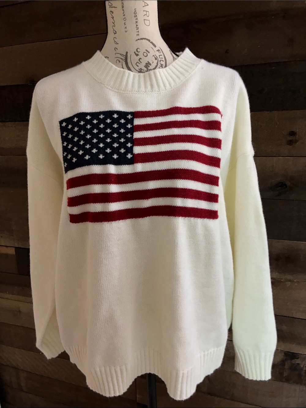 Men's Cream Crewneck Sweater with American Flag